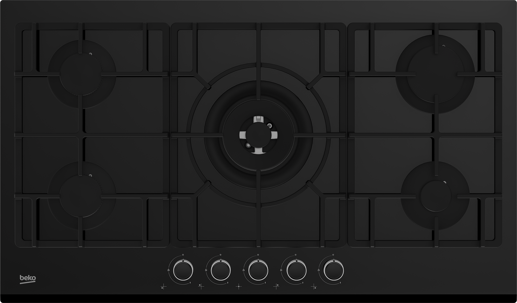Beko 90cm 5-Zone, Knob Control Gas on Glass Cooktop with Wok Burner