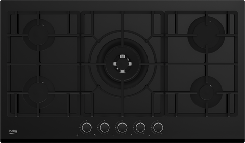 Beko 90cm 5-Zone, Knob Control Gas on Glass Cooktop with Wok Burner