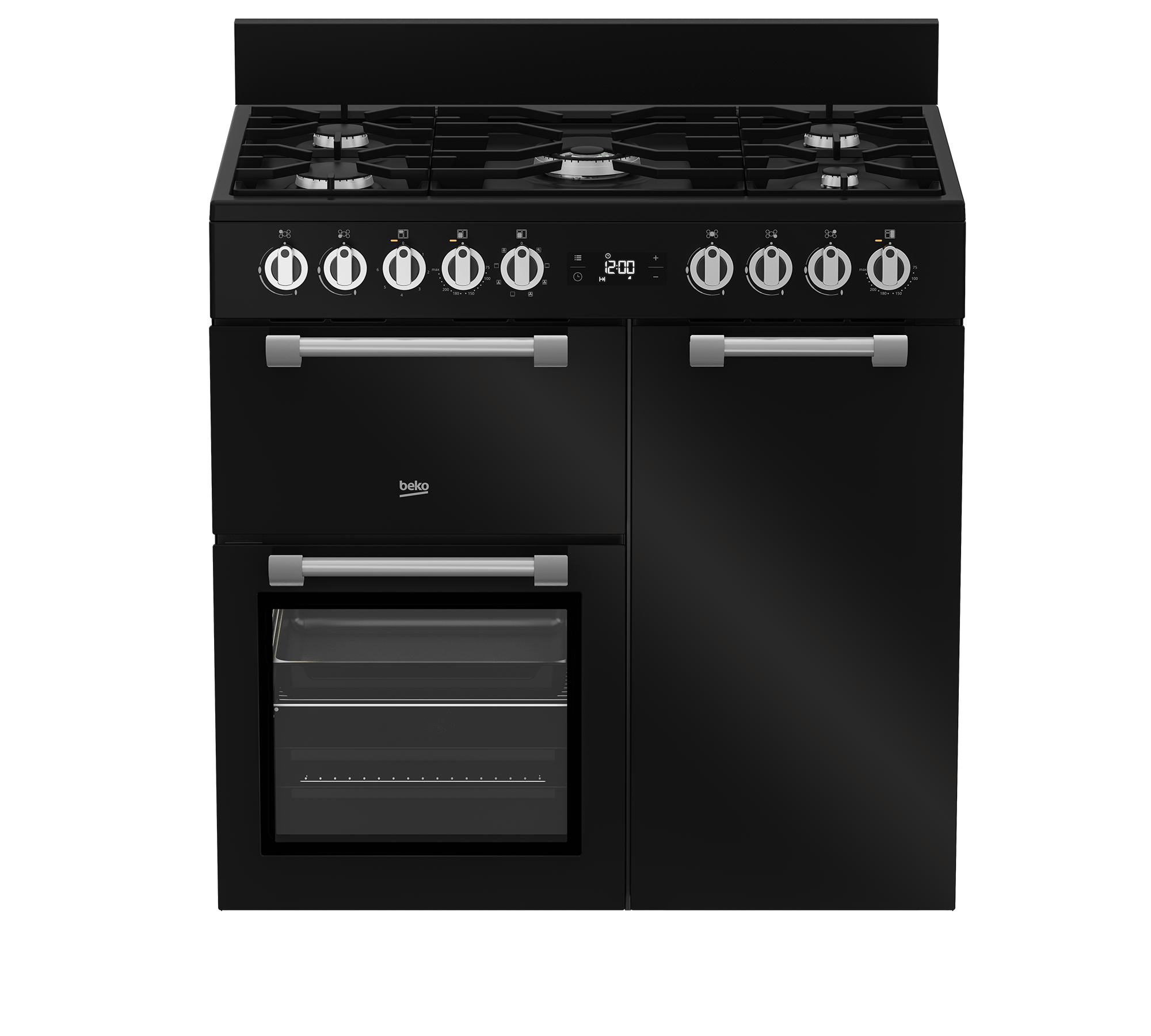 Beko 90cm, Black, Multi-door Country-Style Cooker with 5 zone Gas Cooktop