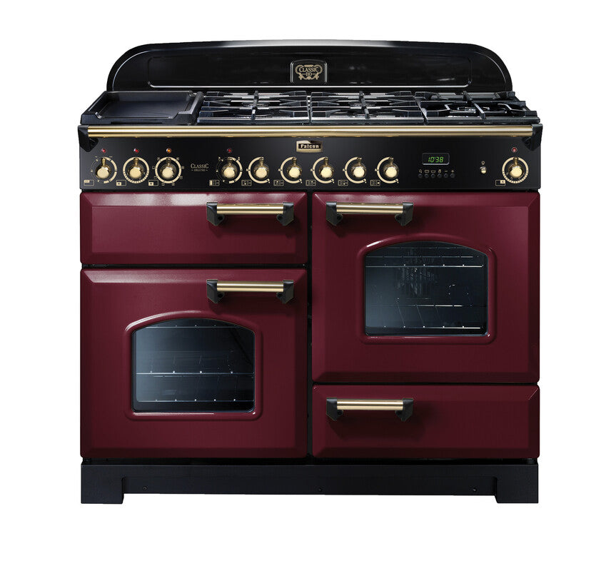 FALCON CLASSIC DELUXE 110CM DUAL FUEL COOKER CRANBERRY BRASS