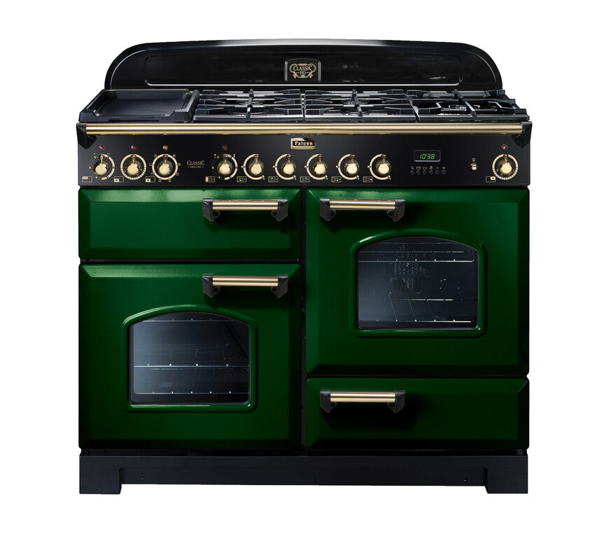 FALCON CLASSIC DELUXE 110CM DUAL FUEL COOKER RACING GREEN BRASS