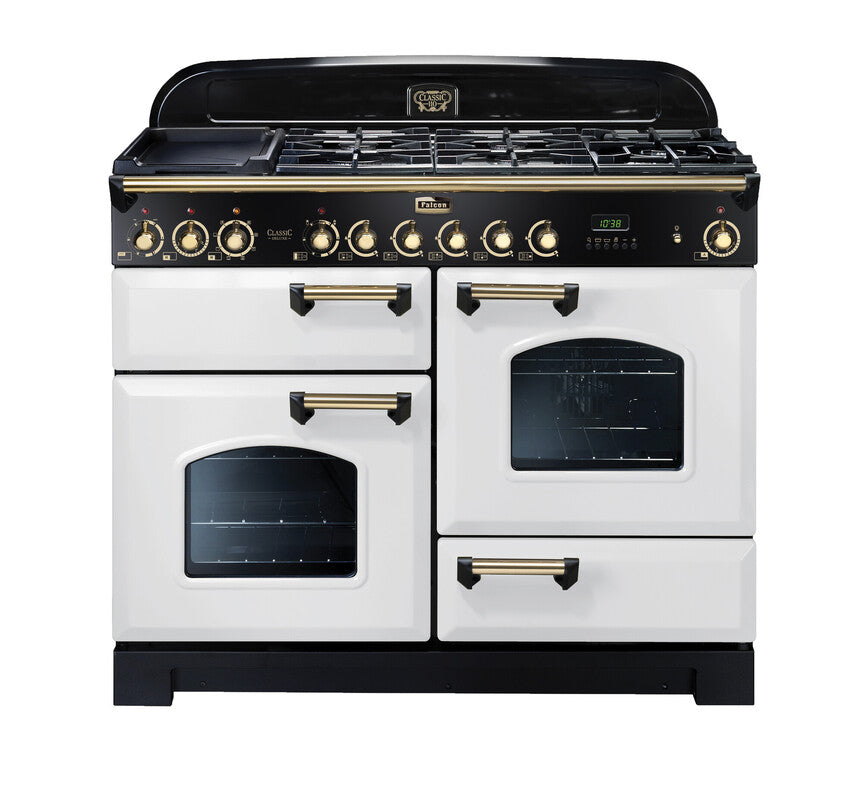 FALCON CLASSIC DELUXE 110CM DUAL FUEL COOKER WHITE BRASS