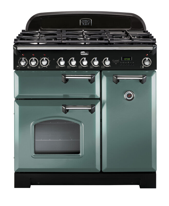 FALCON CLASSIC DELUXE 90CM DUAL FUEL COOKER MINERAL GREEN CHROME