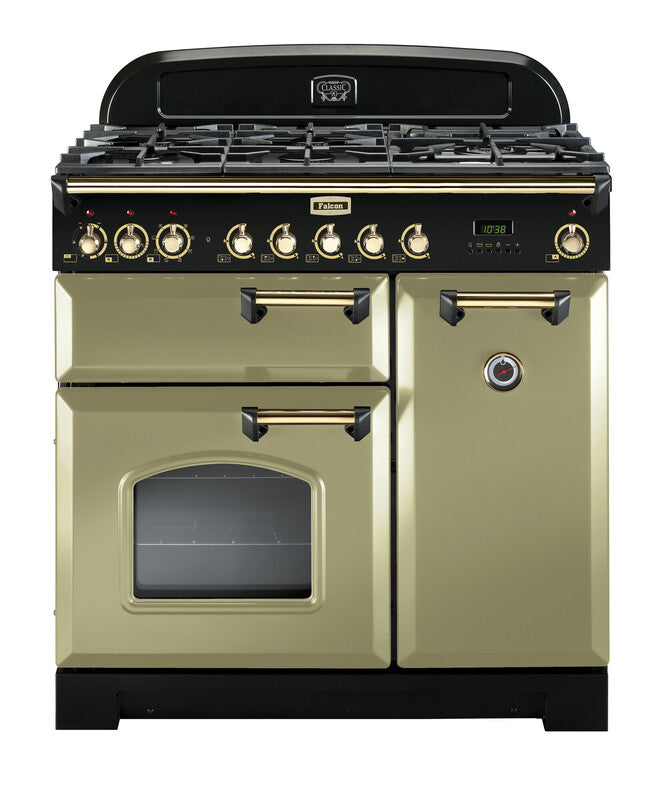FALCON CLASSIC DELUXE 90CM DUAL FUEL COOKER OLIVE GREEN BRASS