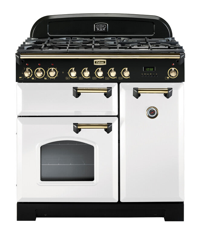 FALCON CLASSIC DELUXE 90CM DUAL FUEL COOKER WHITE BRASS