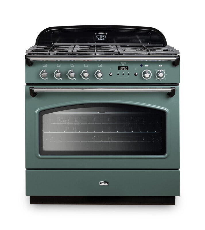 FALCON CLASSIC FX90 DUAL FUEL SINGLE OVEN COOKER MINERAL GREEN CHROME
