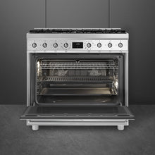 Load image into Gallery viewer, SMEG Classic Pyro 6 Burner Dual Fuel Freestanding Cooker 90cm Stainless Steel
