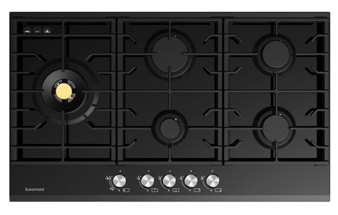 EUROMAID 90CM, 5 BURNER GAS COOKTOP, BLACK GLASS