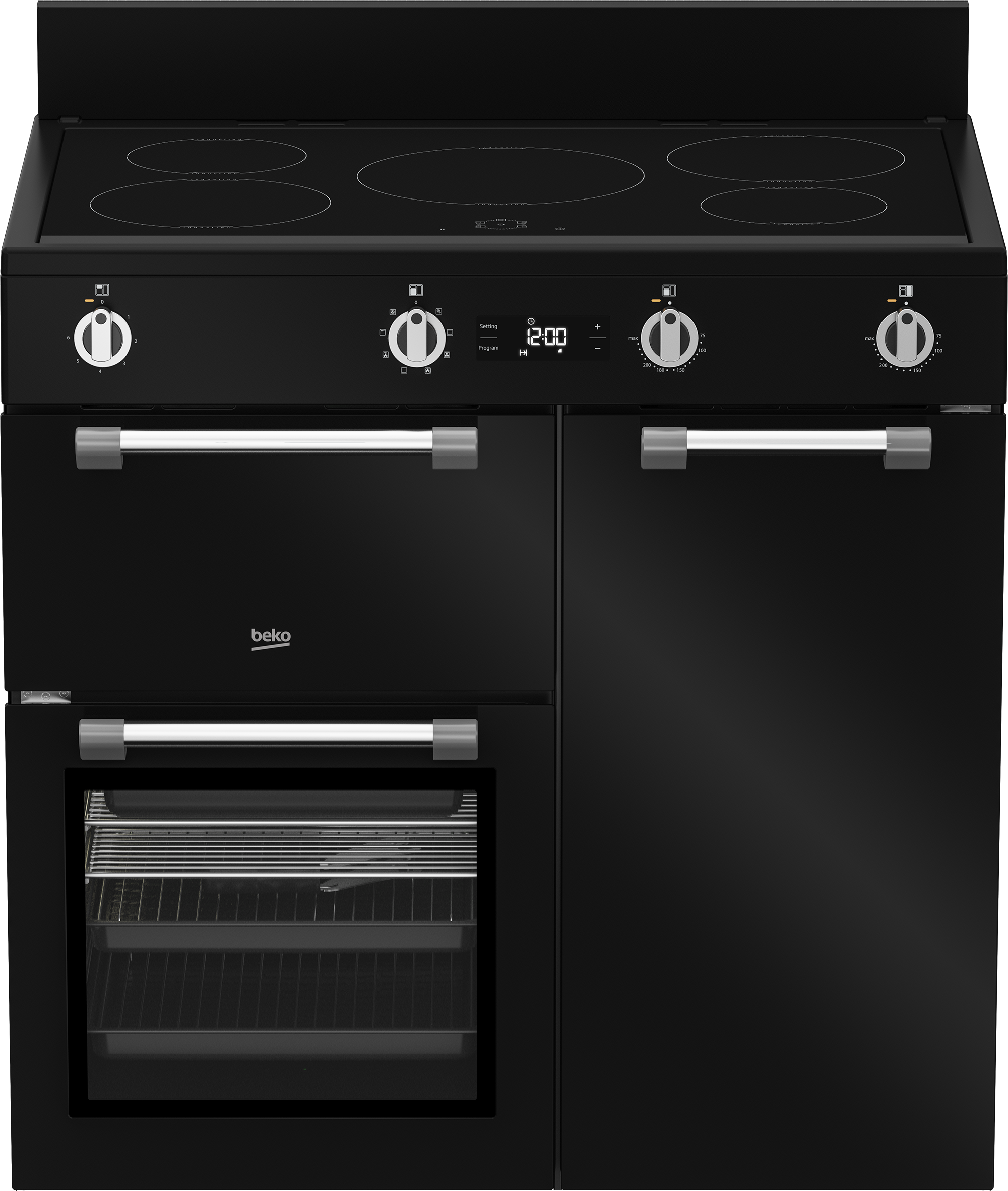 Beko 90cm, Black, Multi-door Country-Style Cooker with 5 zone Induction Cooktop
